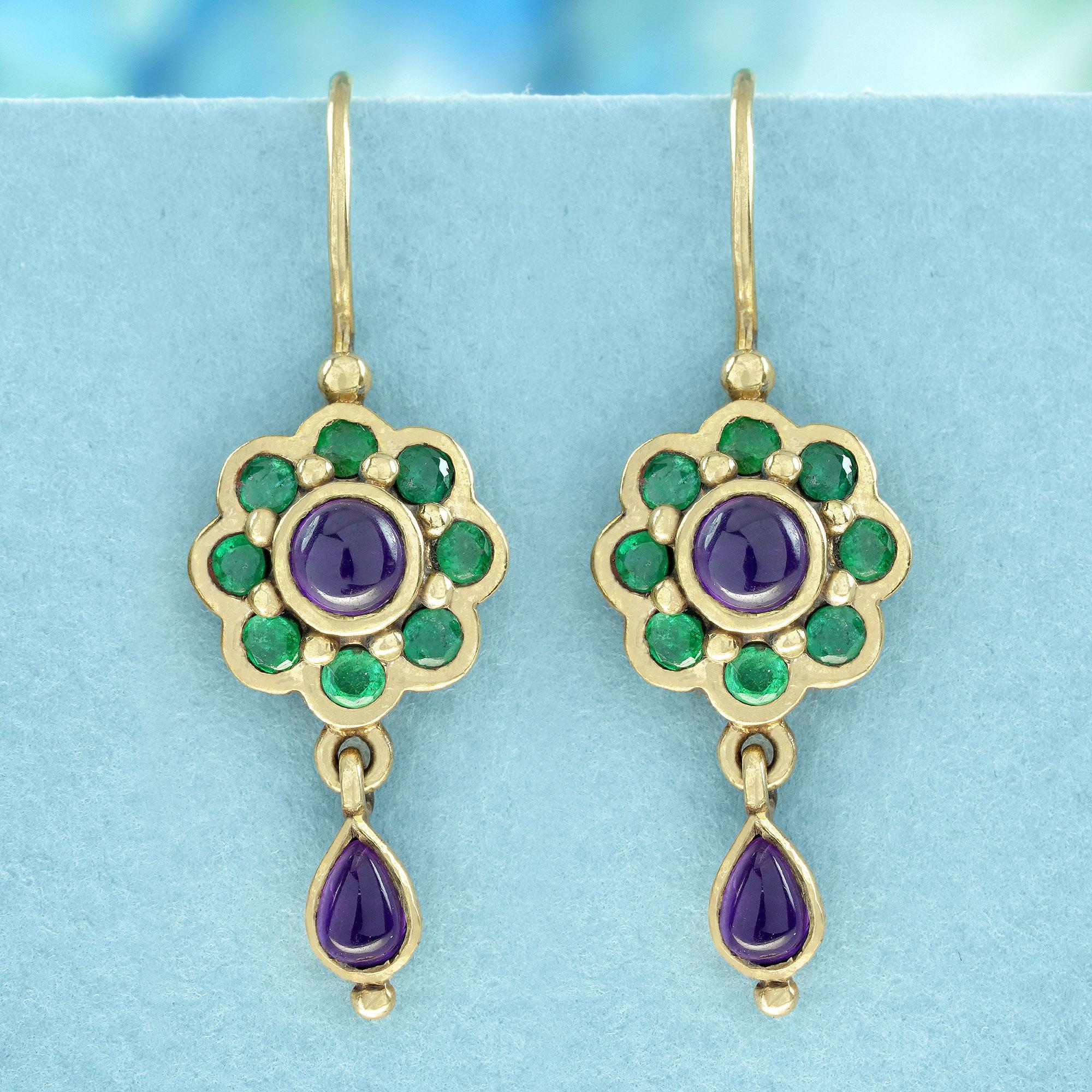 Enter the lavish realm of vintage elegance with these stunning earrings, embodying opulence through elaborate floral and nature-inspired patterns. Each earring showcases a captivating cluster design, with a central round purple amethyst encircled by