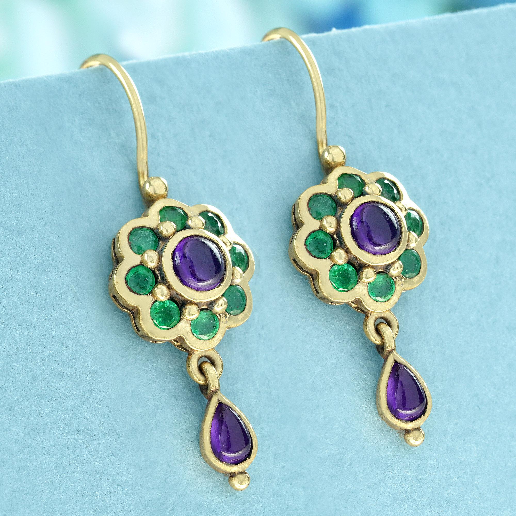 Edwardian Natural Cabochon Amethyst and Emerald Floral Drop Earrings in 9K Yellow Gold For Sale