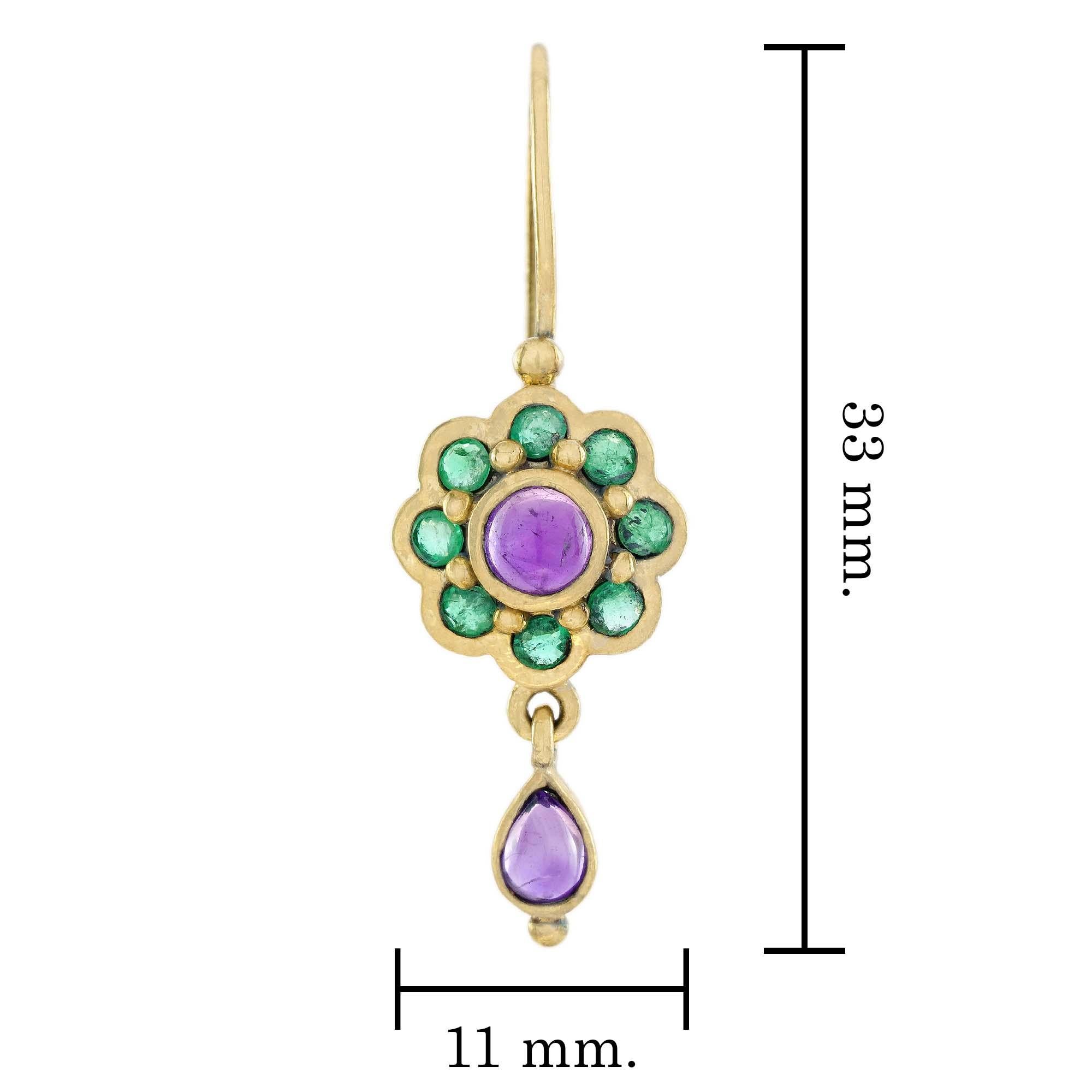 Women's Natural Cabochon Amethyst and Emerald Floral Drop Earrings in 9K Yellow Gold For Sale