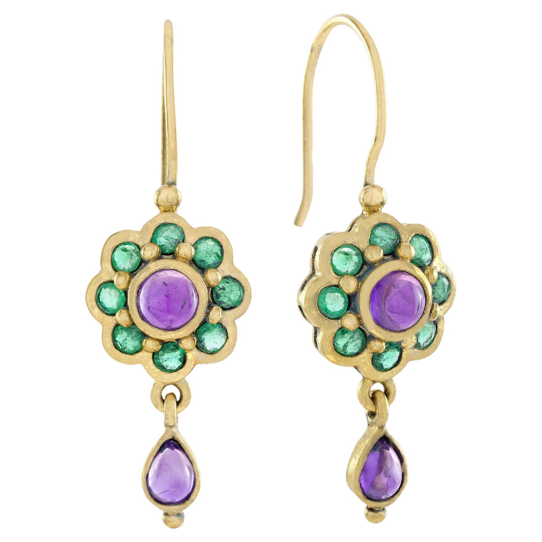 Natural Cabochon Amethyst and Emerald Floral Drop Earrings in 9K Yellow Gold For Sale