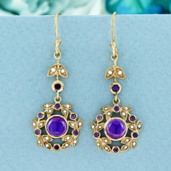 Natural Cabochon Amethyst and Pearl Vintage Style Ivy Drop Earrings in 9K Gold