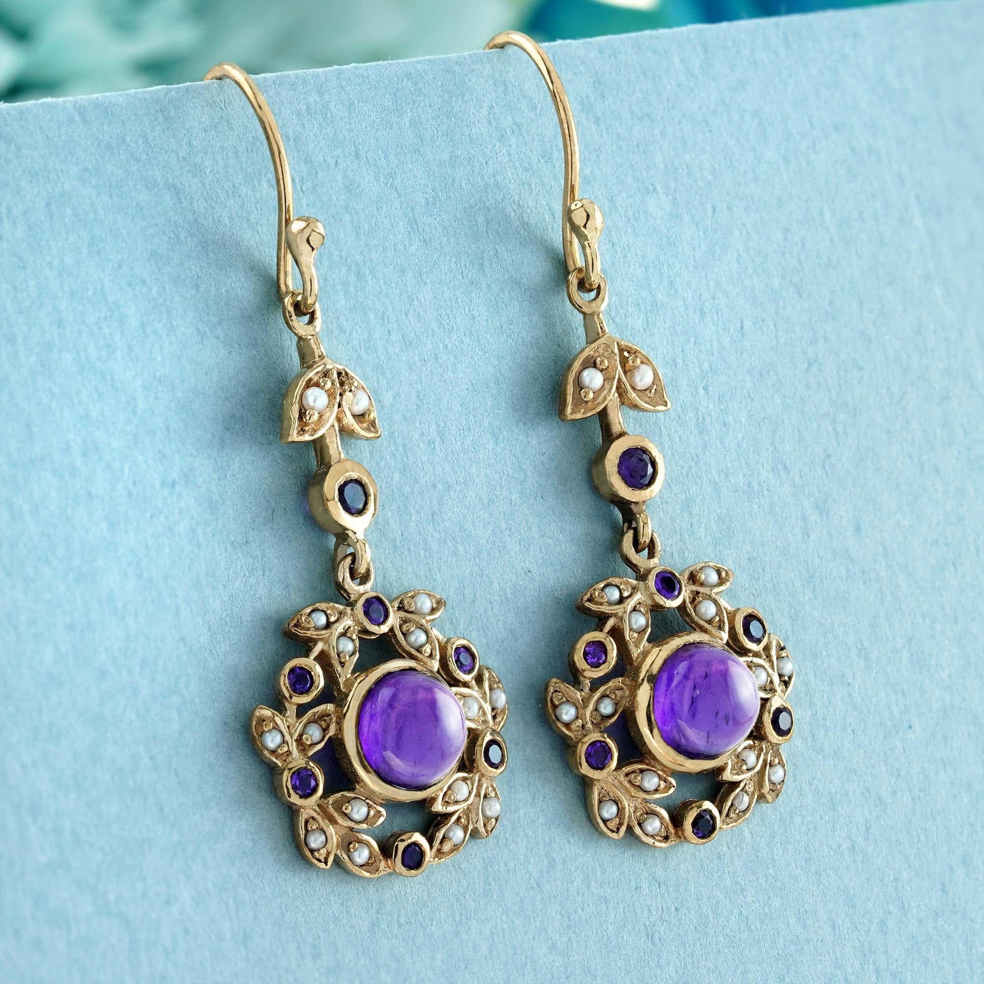 Edwardian Natural Cabochon Amethyst and Pearl Vintage Style Ivy Drop Earrings in 9K Gold For Sale