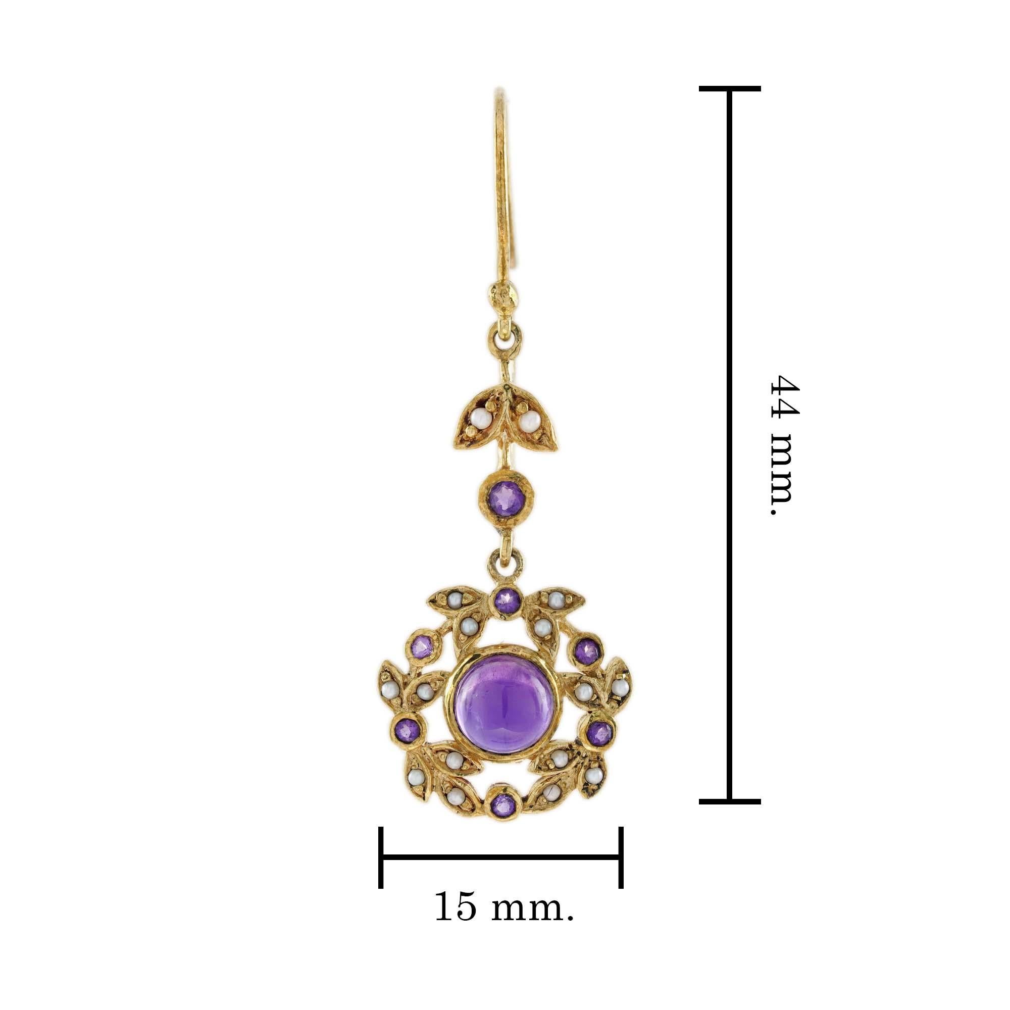 Natural Cabochon Amethyst and Pearl Vintage Style Ivy Drop Earrings in 9K Gold In New Condition For Sale In Bangkok, TH