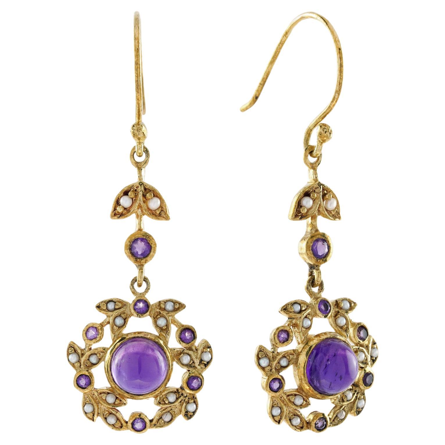 Natural Cabochon Amethyst and Pearl Vintage Style Ivy Drop Earrings in 9K Gold For Sale