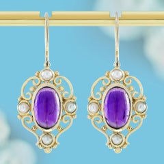 Natural Cabochon Amethyst Pearl Vintage Style Dangle Earrings in 9K Yellow Gold