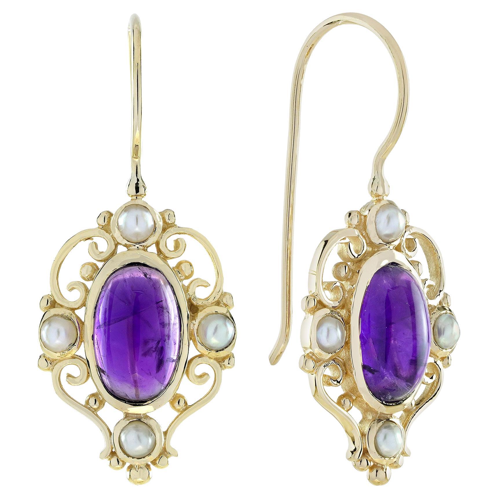 Natural Cabochon Amethyst Pearl Vintage Style Dangle Earrings in 9K Yellow Gold