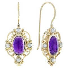 Pendants d'oreilles vintage en or jaune 9 carats avec améthyste cabochon naturelle et perle