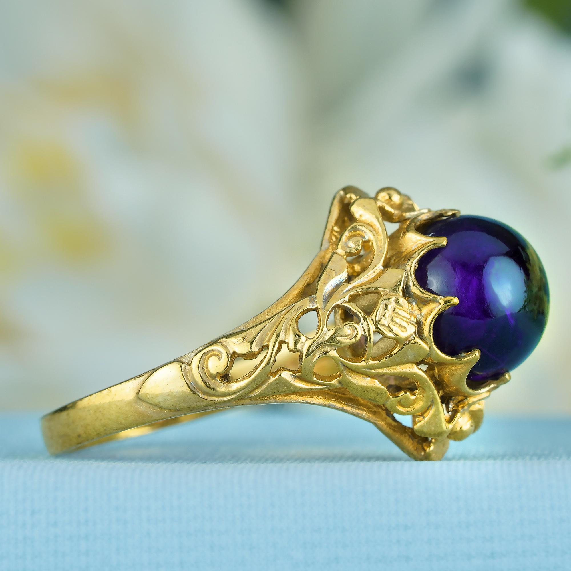 For Sale:  Natural Cabochon Amethyst Vintage Style Filigree Ring in Solid 9K Yellow Gold 4