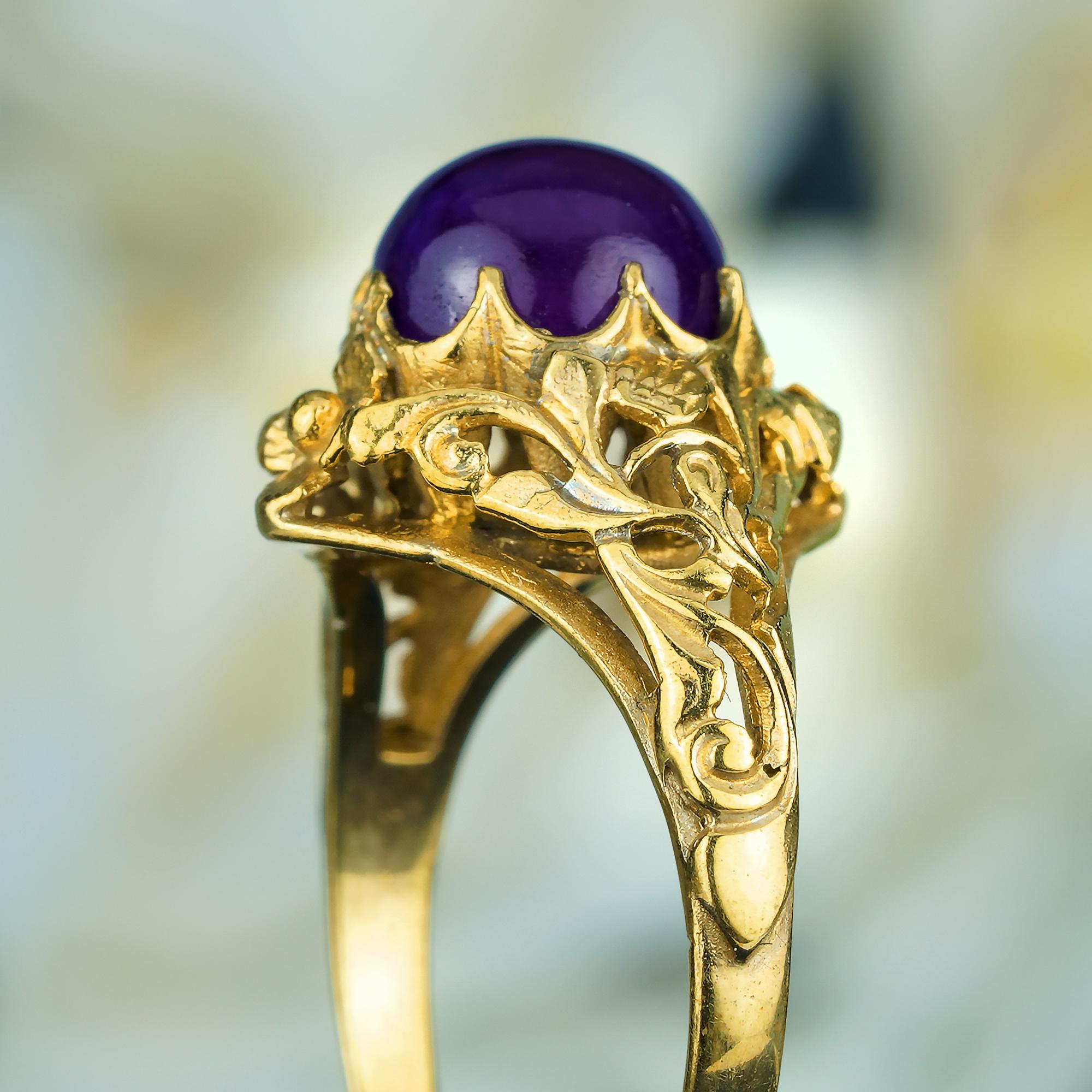 For Sale:  Natural Cabochon Amethyst Vintage Style Filigree Ring in Solid 9K Yellow Gold 6