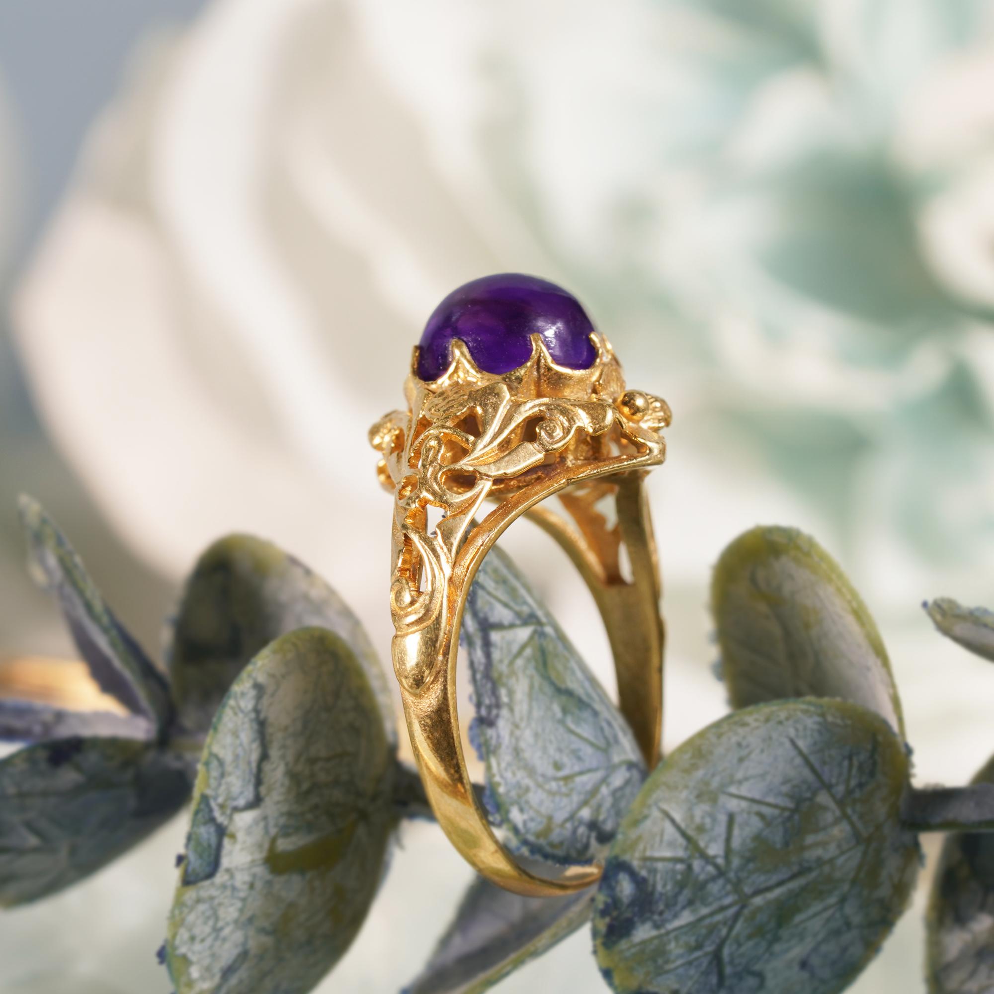 For Sale:  Natural Cabochon Amethyst Vintage Style Filigree Ring in Solid 9K Yellow Gold 7