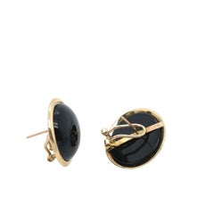 Natural Cabochon Black Onyx Earrings Set in 14ct Yellow Gold