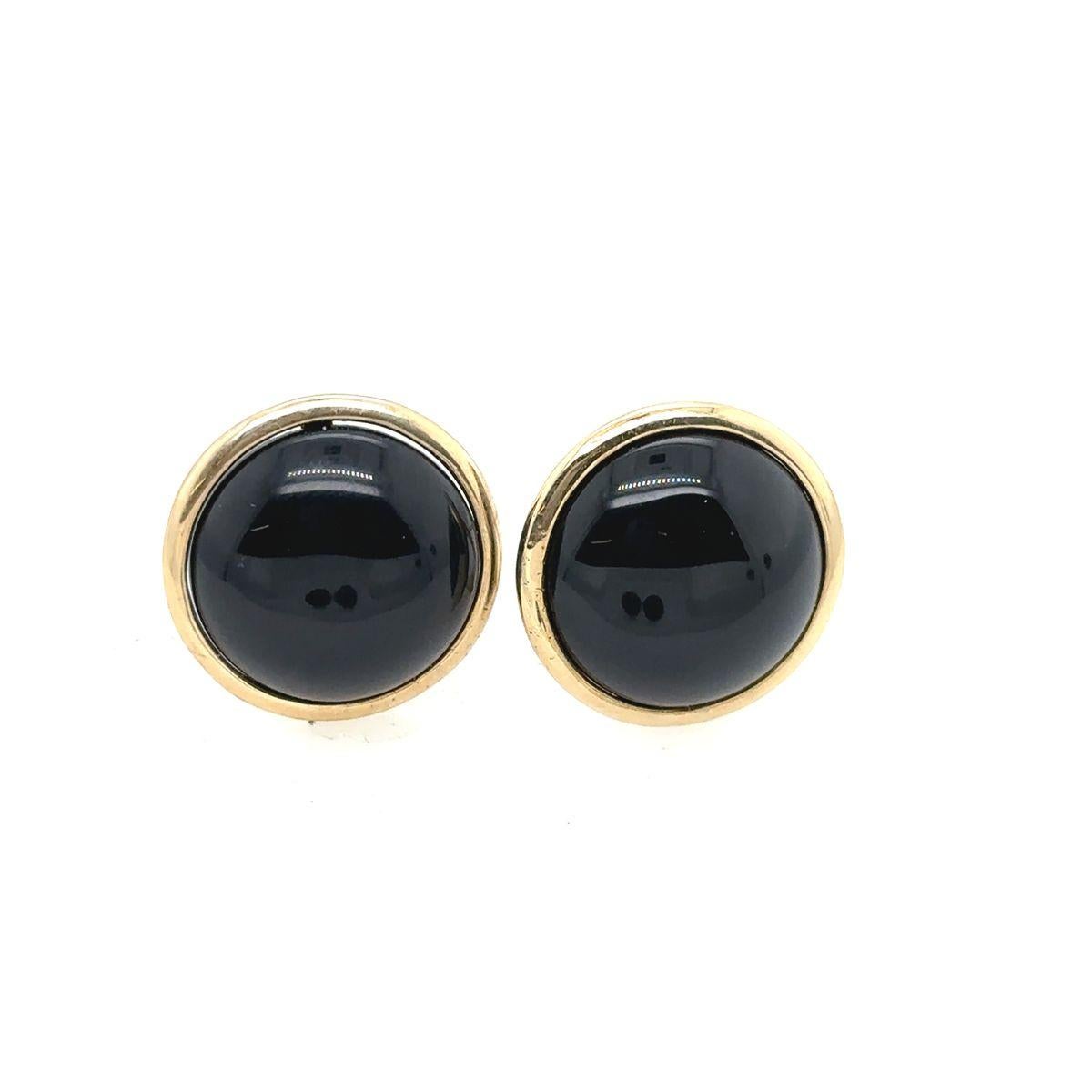 Women's Natural Cabochon Black Onyx Earrings Set in 14ct Yellow Gold For Sale