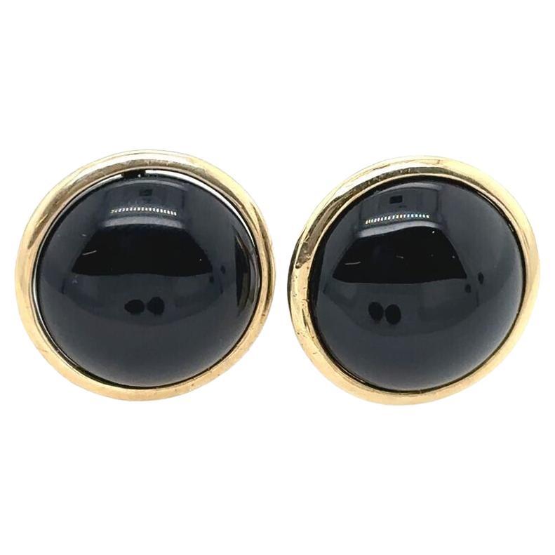 Natural Cabochon Black Onyx Earrings Set in 14ct Yellow Gold For Sale