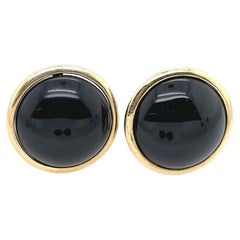 Retro Natural Cabochon Black Onyx Earrings Set in 14ct Yellow Gold