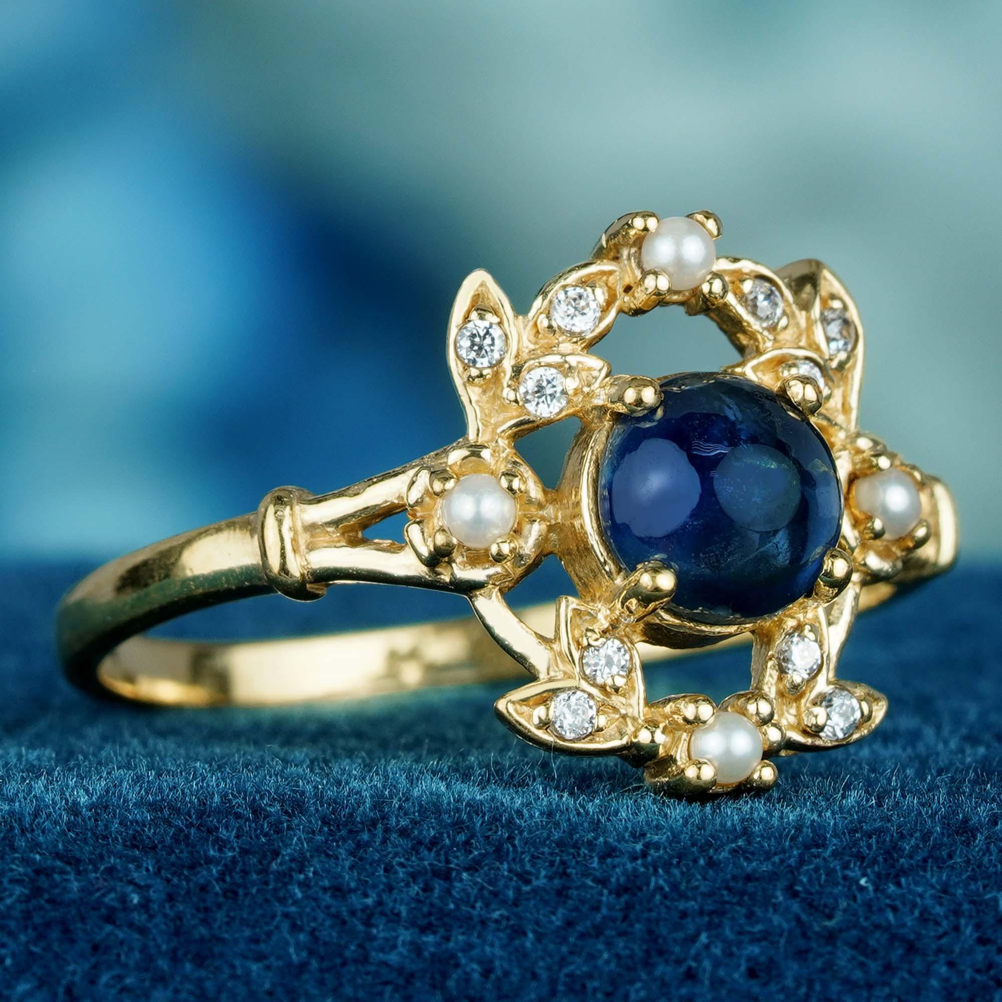 For Sale:  Natural Cabochon Blue Sapphire and Pearl Vintage Style Ring in Solid 9K Gold 3