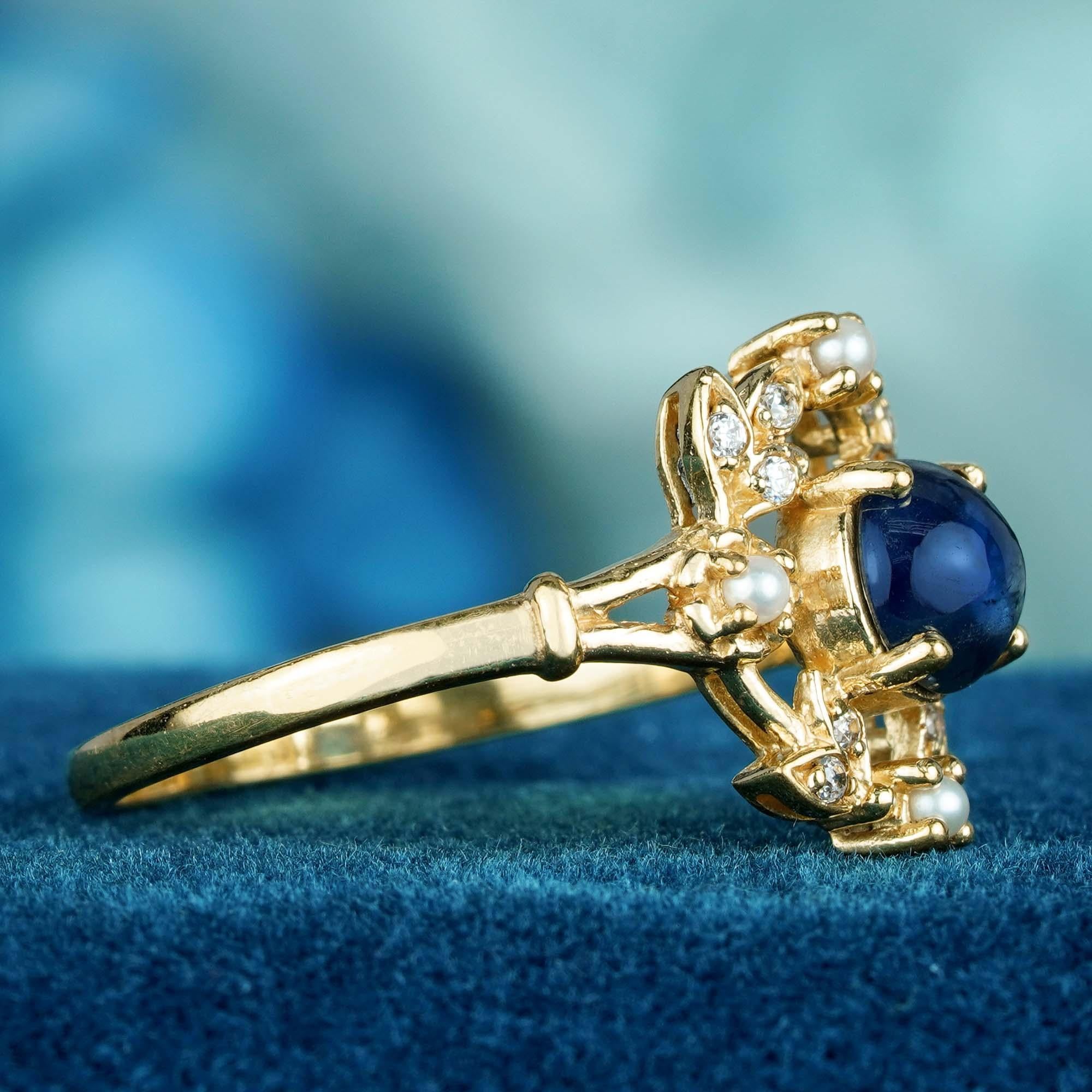 For Sale:  Natural Cabochon Blue Sapphire and Pearl Vintage Style Ring in Solid 9K Gold 4