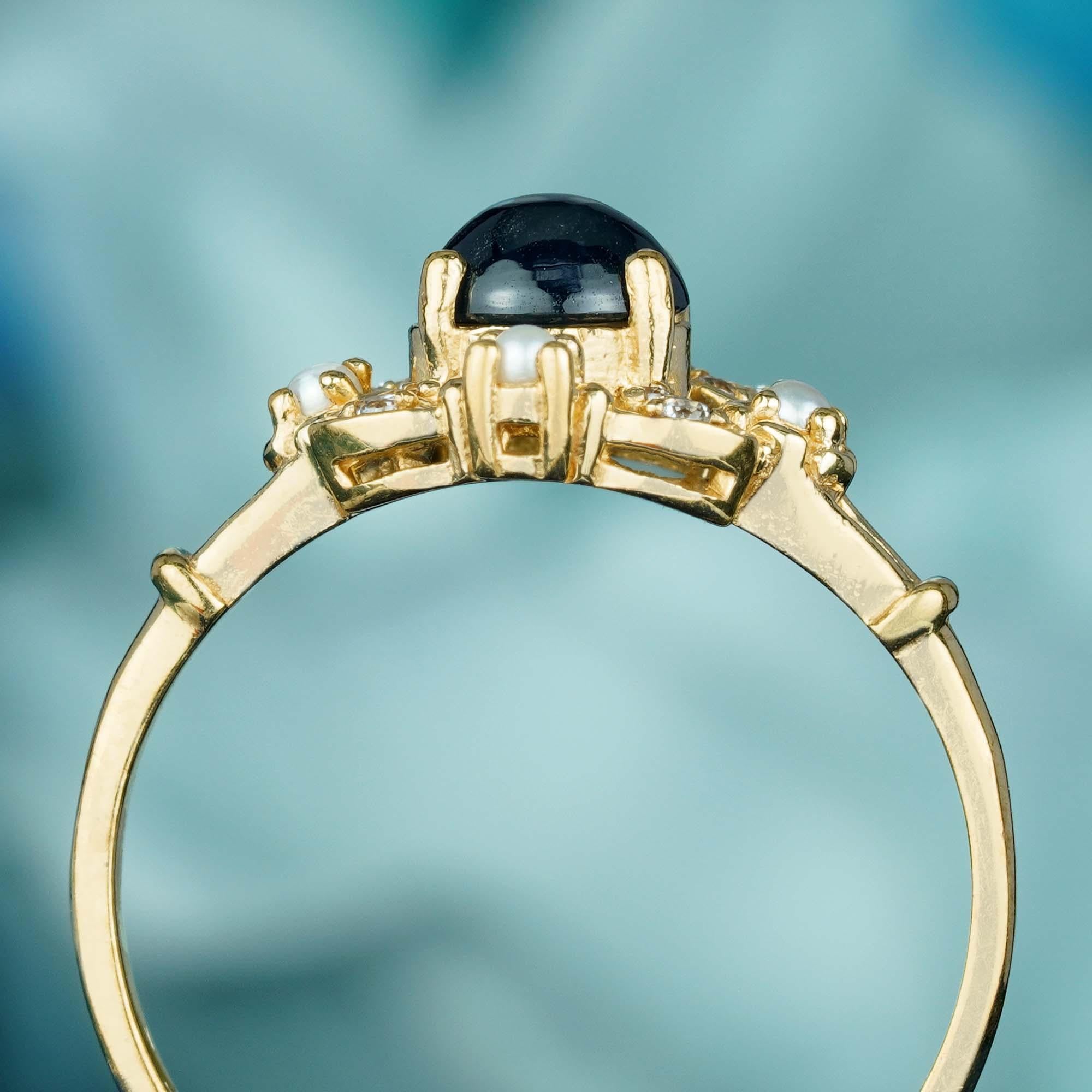 For Sale:  Natural Cabochon Blue Sapphire and Pearl Vintage Style Ring in Solid 9K Gold 5