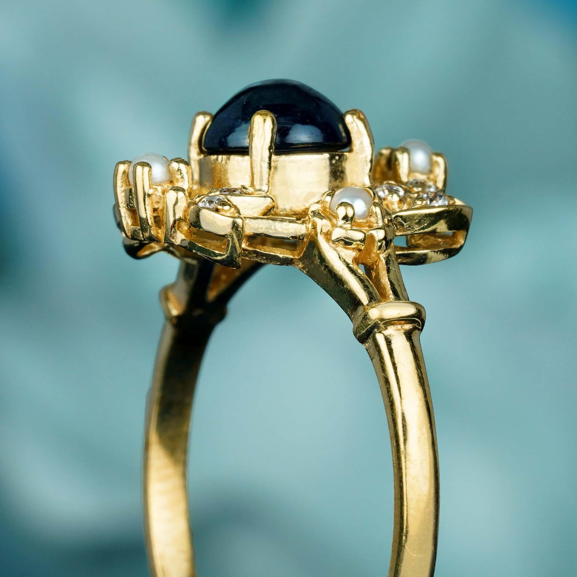 For Sale:  Natural Cabochon Blue Sapphire and Pearl Vintage Style Ring in Solid 9K Gold 6