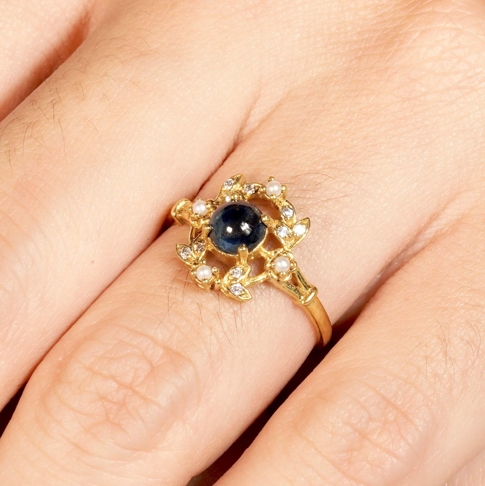 For Sale:  Natural Cabochon Blue Sapphire and Pearl Vintage Style Ring in Solid 9K Gold 9