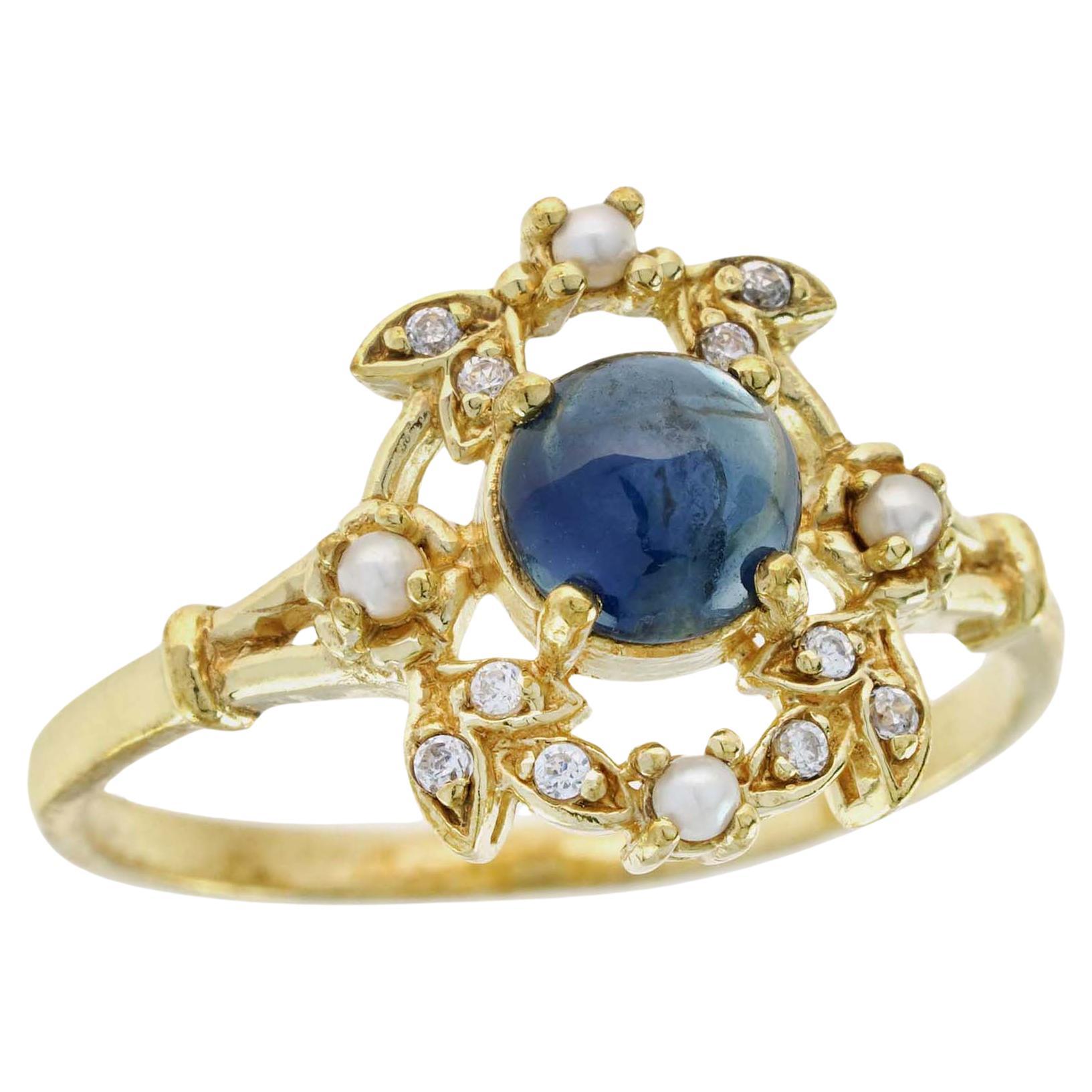 For Sale:  Natural Cabochon Blue Sapphire and Pearl Vintage Style Ring in Solid 9K Gold