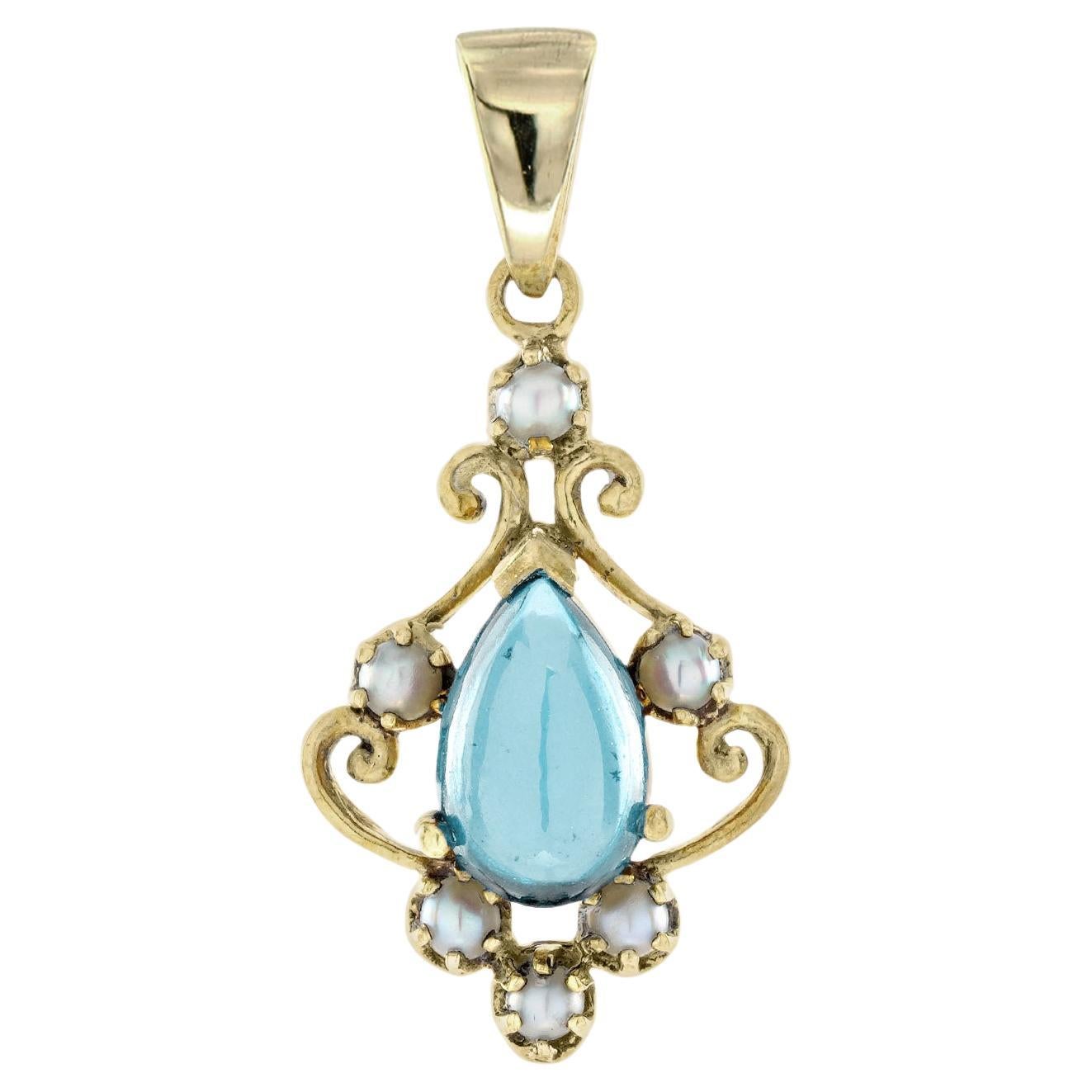 Natural Cabochon Blue Topaz and Pearl Vintage Filigree Pendant in Solid 9K Gold