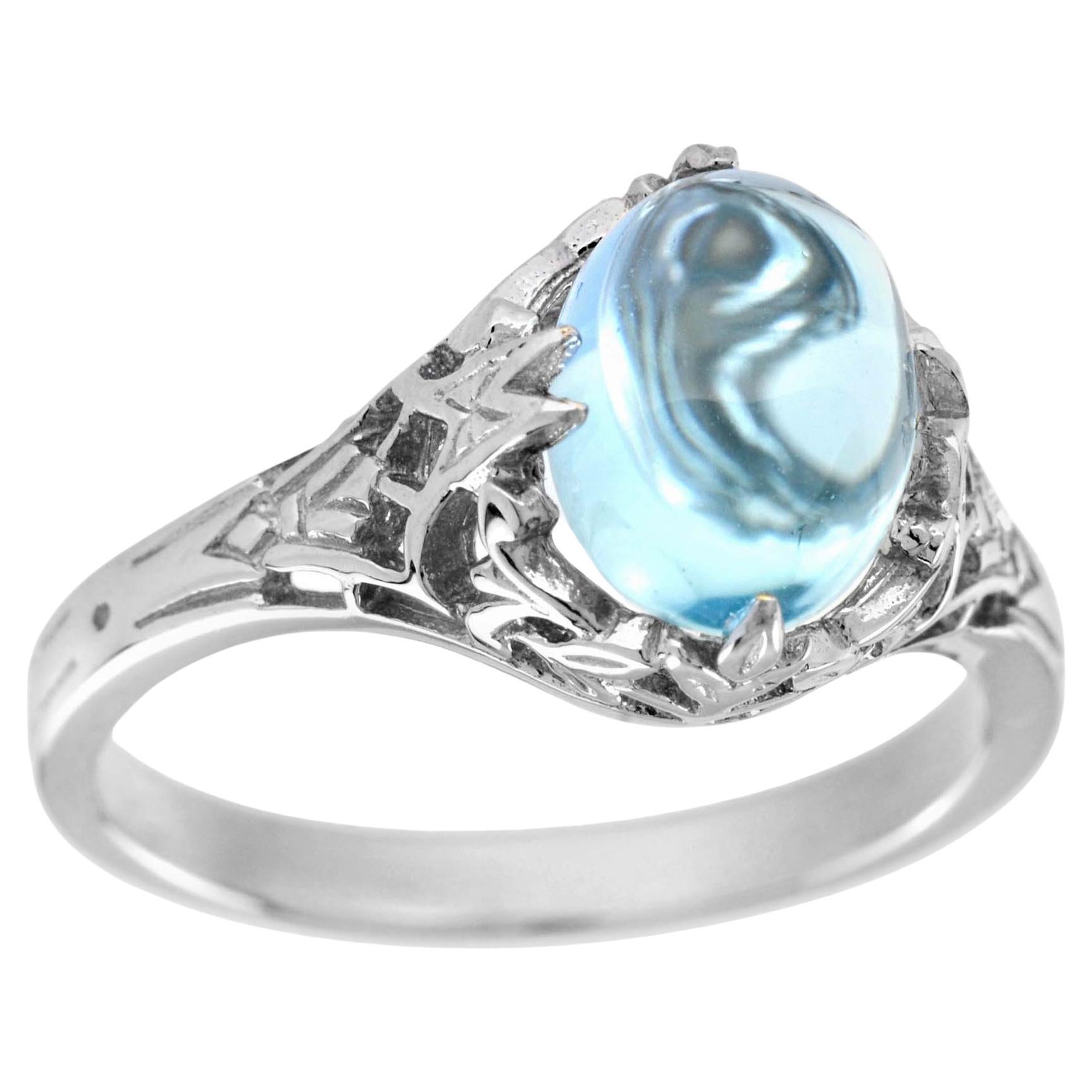Natural Cabochon Blue Topaz Vintage Style Filigree Ring in Solid 14K White Gold For Sale