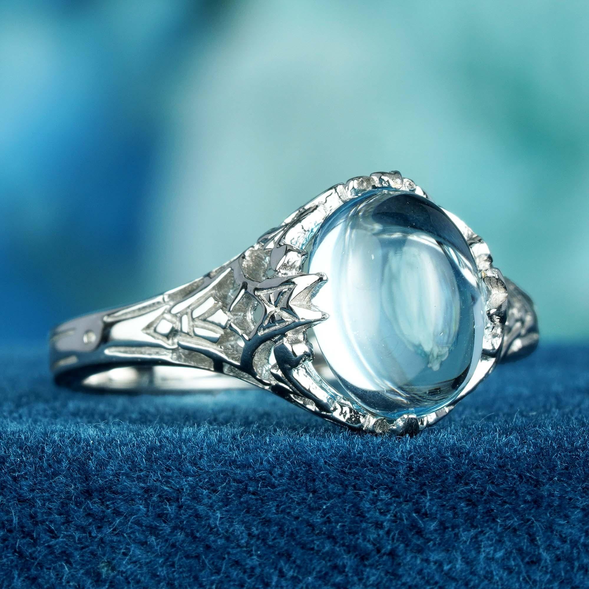 For Sale:  Natural Cabochon Blue Topaz Vintage Style Filigree Ring in Solid 9K White Gold 2
