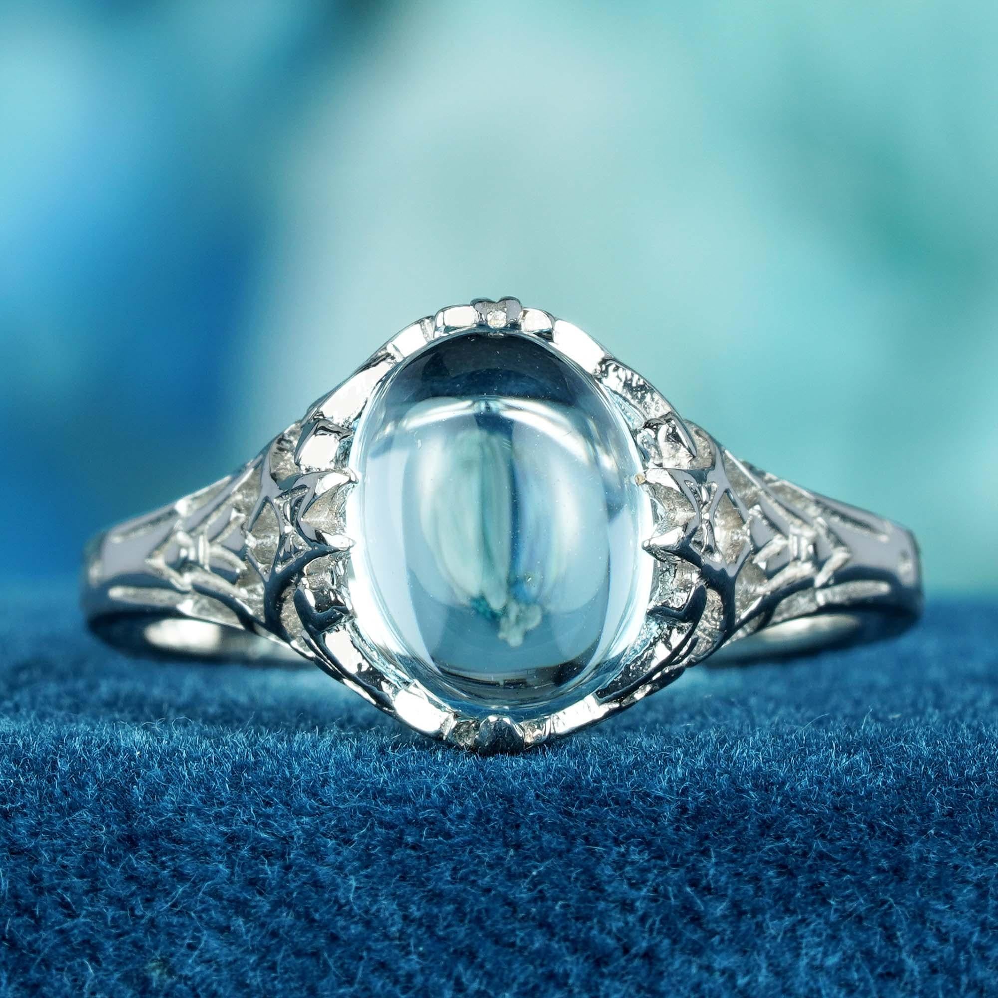 For Sale:  Natural Cabochon Blue Topaz Vintage Style Filigree Ring in Solid 9K White Gold 3