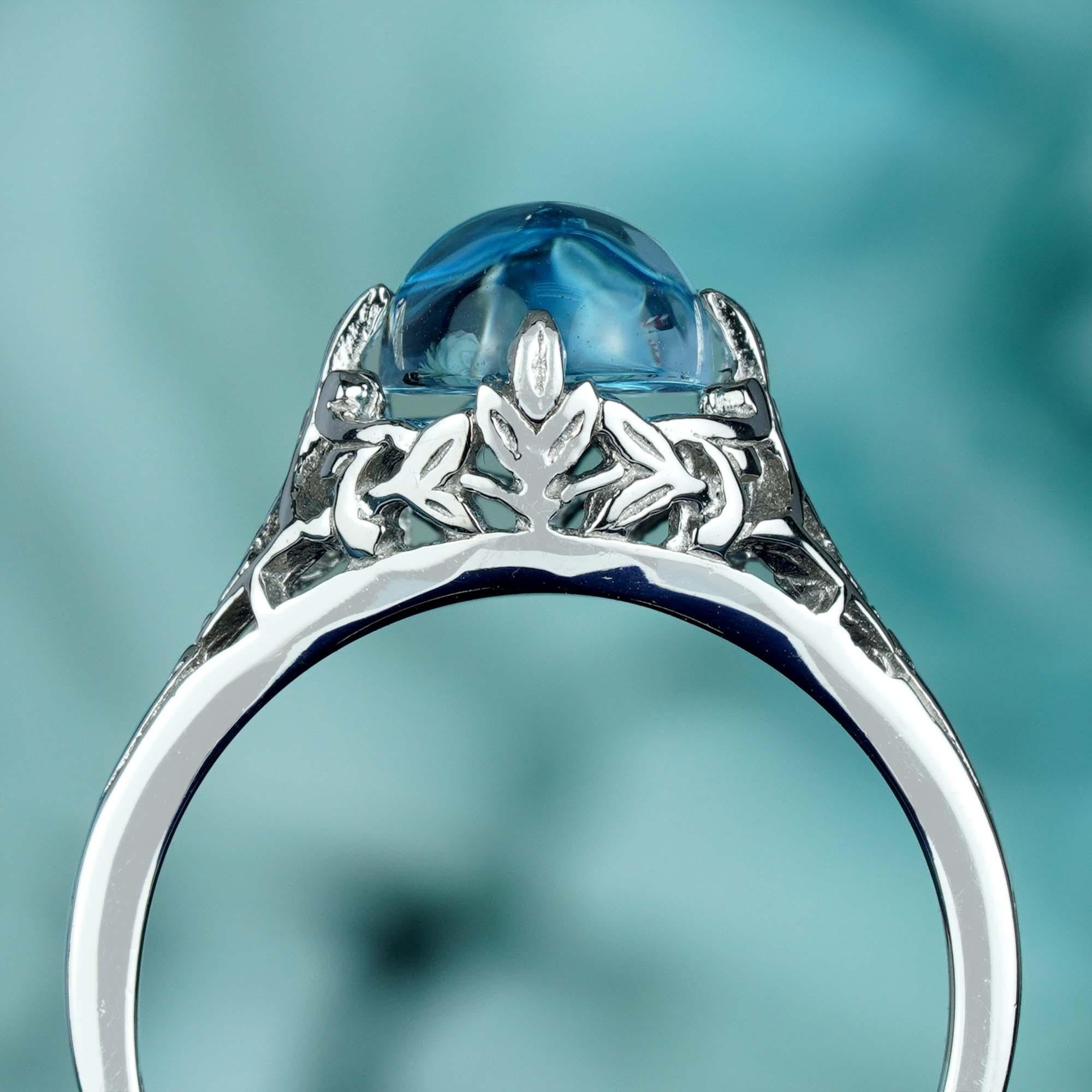 For Sale:  Natural Cabochon Blue Topaz Vintage Style Filigree Ring in Solid 9K White Gold 5