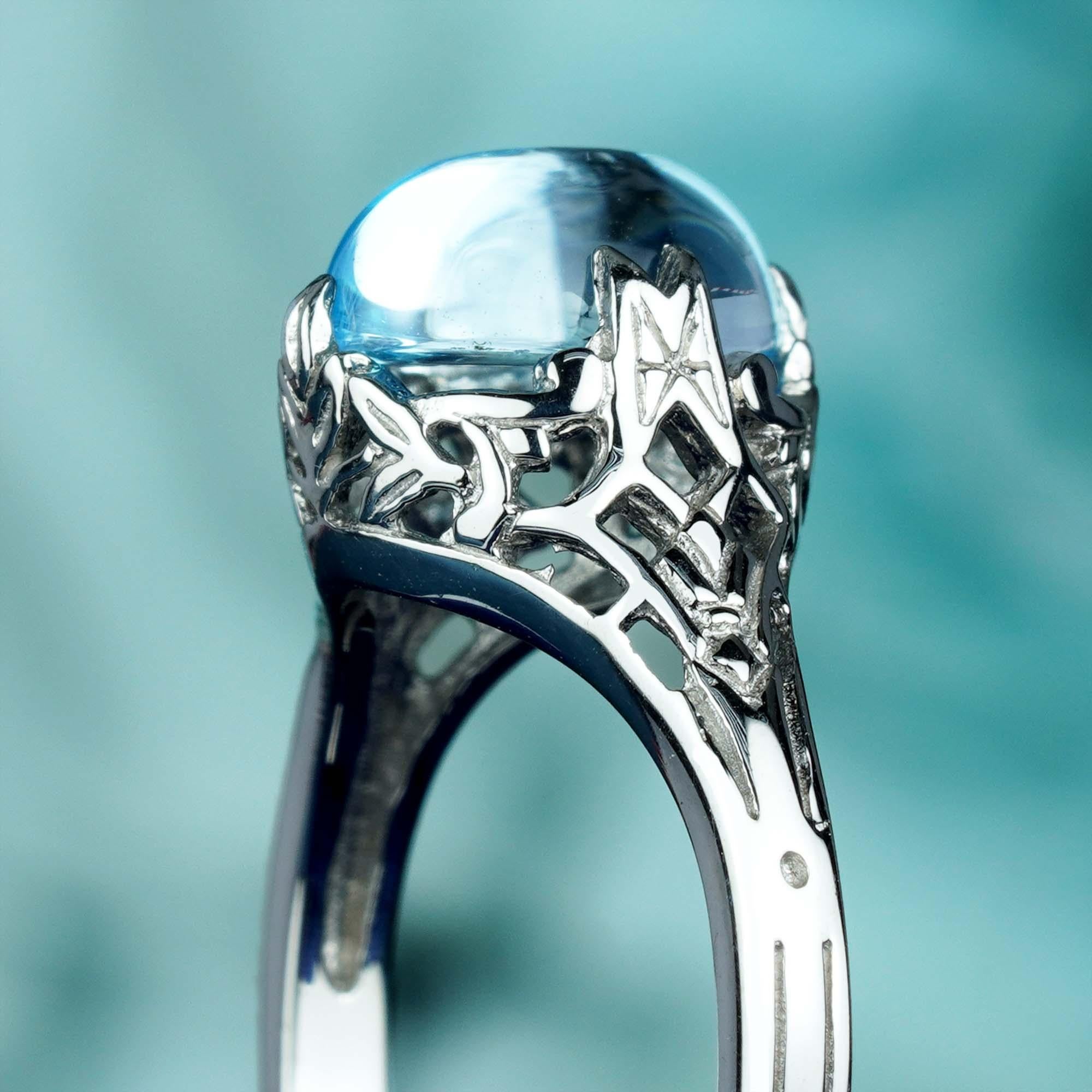 For Sale:  Natural Cabochon Blue Topaz Vintage Style Filigree Ring in Solid 9K White Gold 6