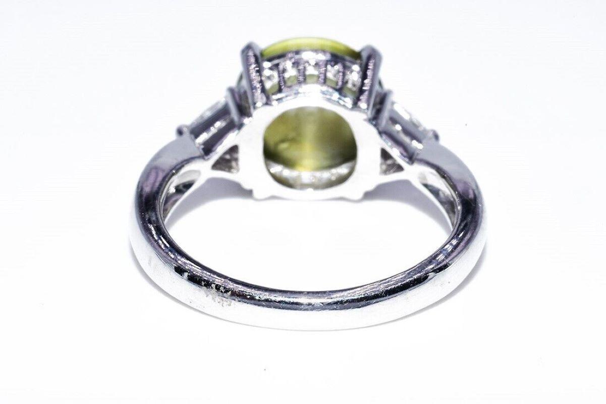 Natural Cabochon Chrysoberyl Honey Color Cats Eye Diamond Platinum Ring 4.15 Ct. In New Condition For Sale In Laguna Beach, CA