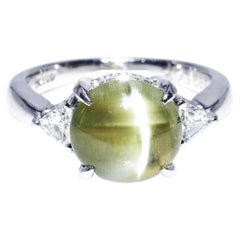 Natürlicher Cabochon Chrysoberyll Honey Farbe Cats Eye Diamant Platin Ring 4,15 Ct.