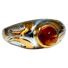 Natural Cabochon Citrine Ring Silver and 18 Karat Gold Inlay Venetian Mod Deco