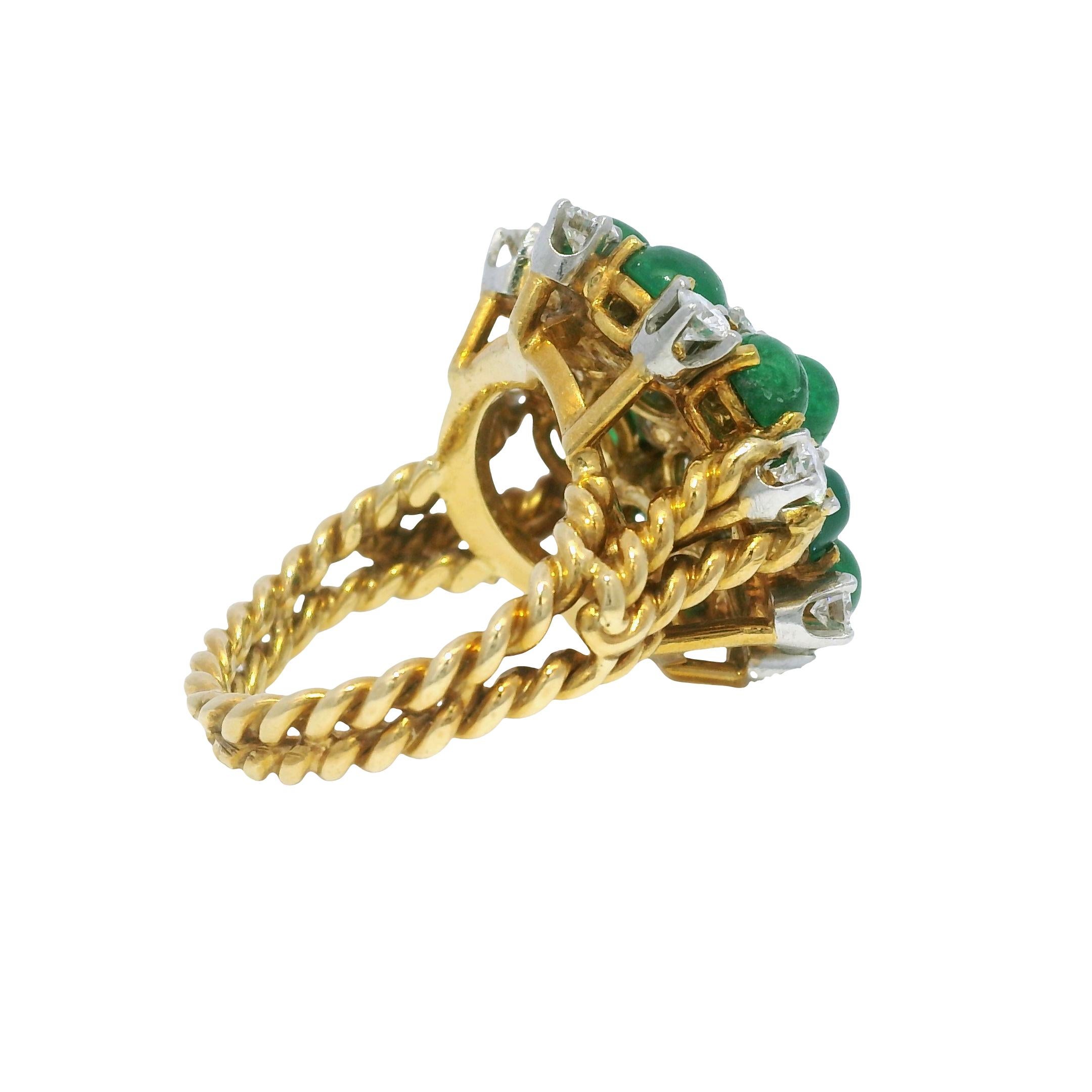 Natürlicher Cabochon Smaragd & Diamant 18-Karat Kabel Ring Vorrätig Damen im Angebot