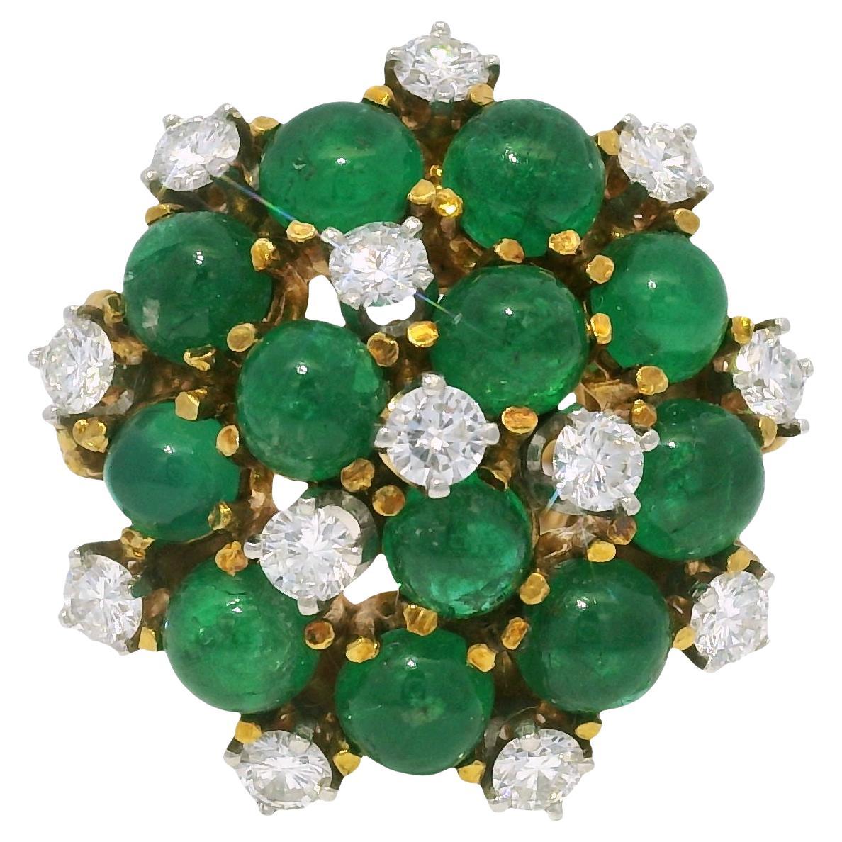 Natürlicher Cabochon Smaragd & Diamant 18-Karat Kabel Ring Vorrätig