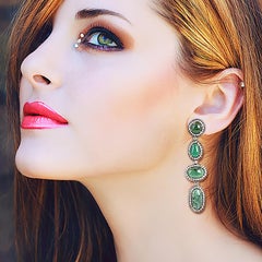 Natural Cabochon Emerald & Diamond Victorian Style Long Drop Earrings 18KT Gold