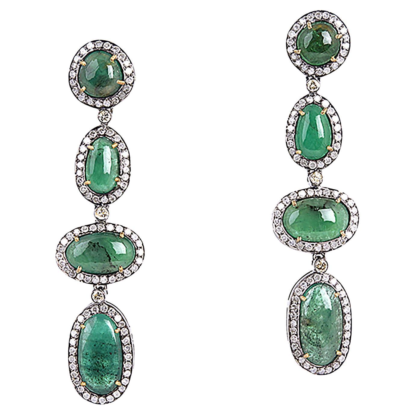 Natural Cabochon Emerald 
Diamond Victorian Style Long Drop Earrings 18KT Gold For Sale