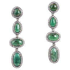 Natural Cabochon Emerald 
Diamond Victorian Style Long Drop Earrings 18KT Gold