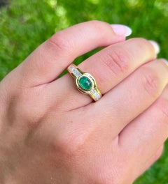 Natural Cabochon Emerald & Princess Cut Diamonds in 18K Gold Bezel Set Ring