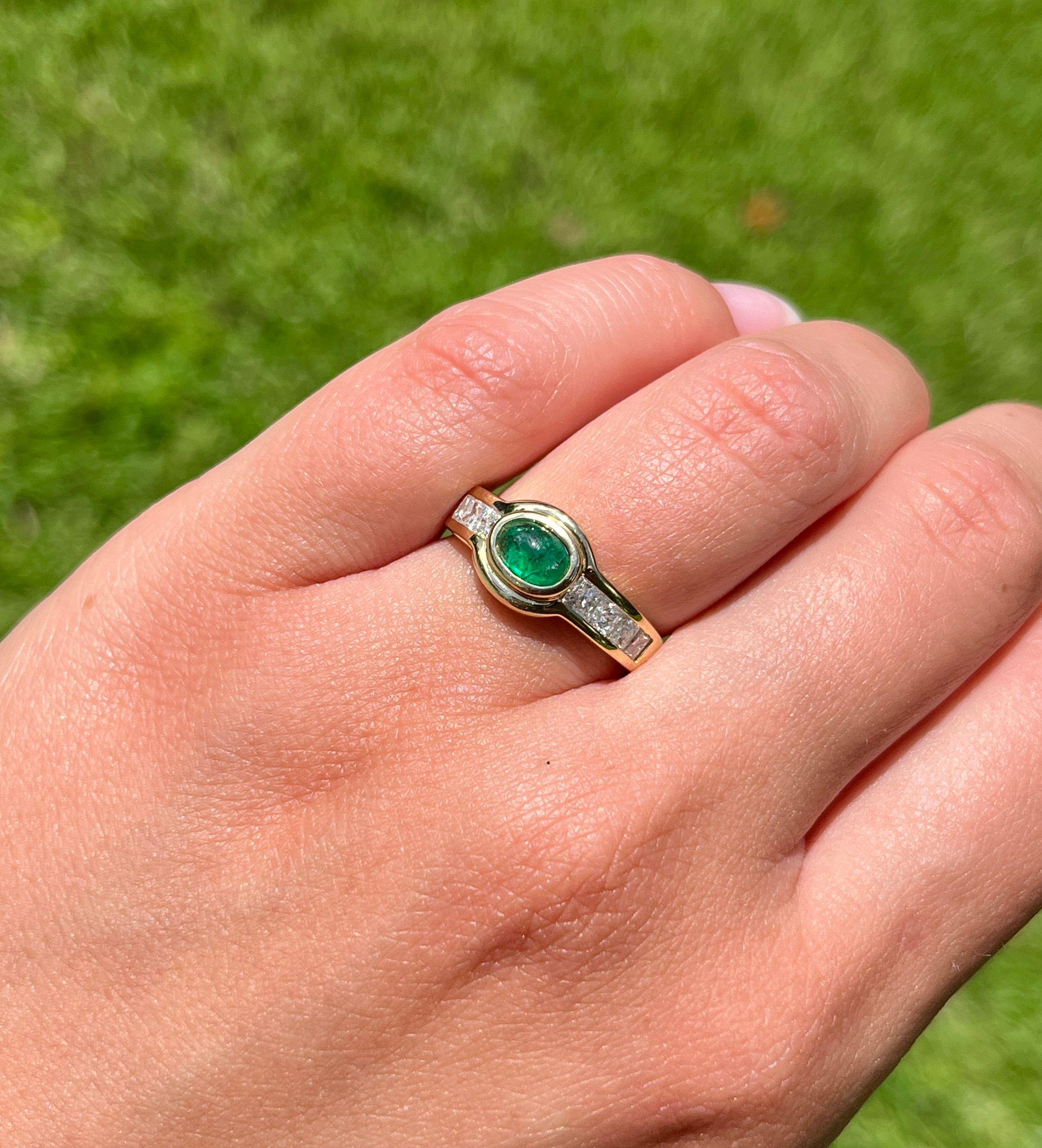 Emerald Cut Natural Cabochon Emerald & Princess Cut Diamonds in 18K Gold Bezel Set Ring For Sale