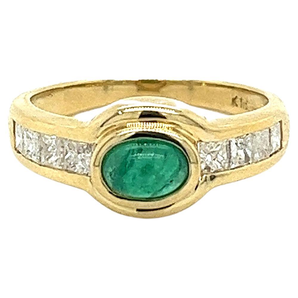 Natural Cabochon Emerald & Princess Cut Diamonds in 18K Gold Bezel Set Ring