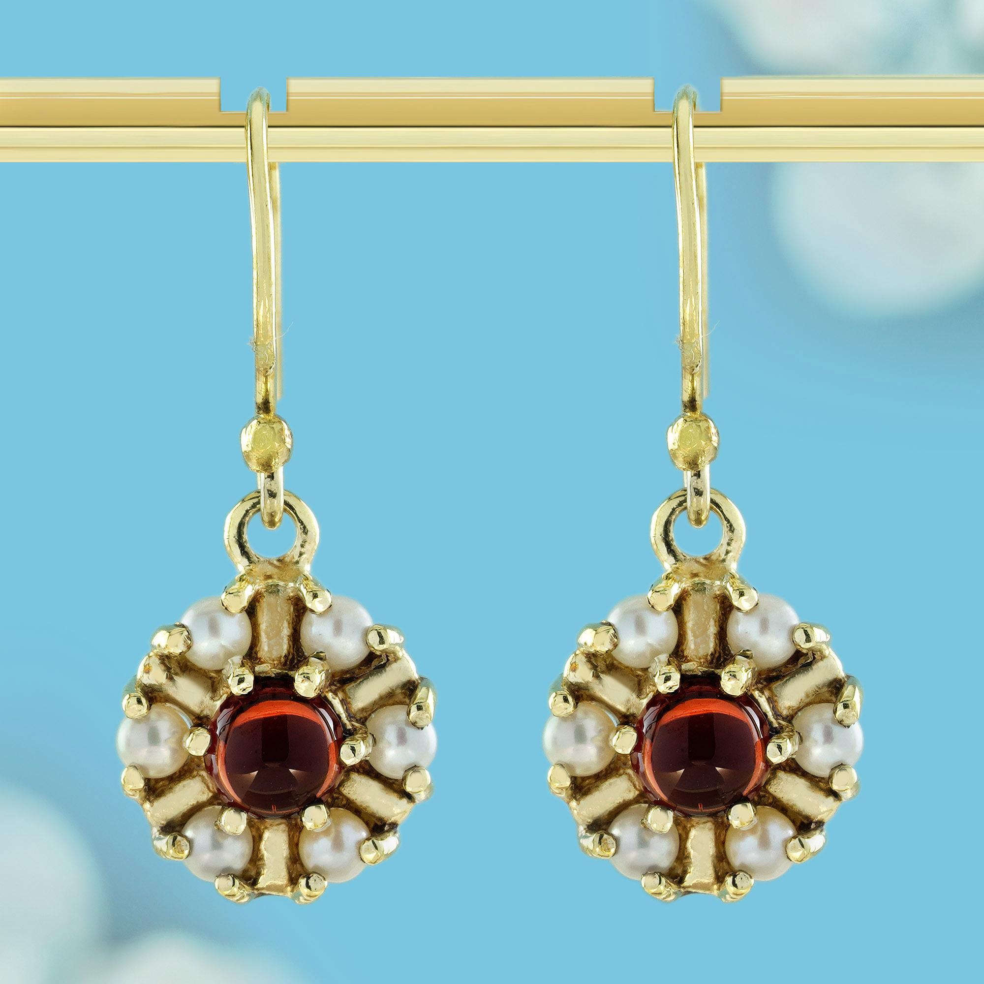 Embark on a journey through the opulent realm of vintage style with these breathtaking earrings, adorned with intricate floral and nature-inspired motifs. Each earring showcases a captivating cluster design, where round pearls and round-cabochon red