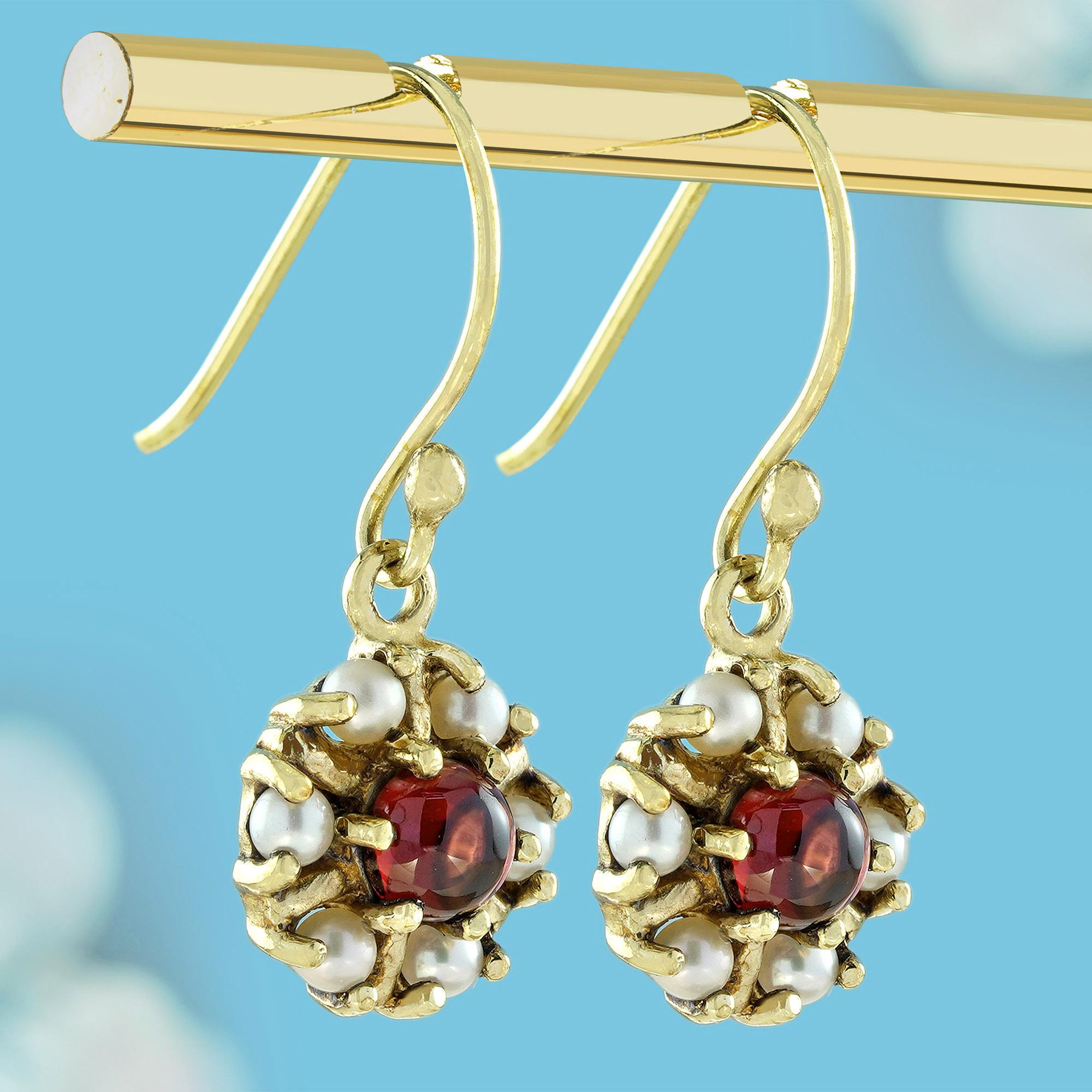 Edwardian Natural Cabochon Garnet and Pearl Vintage Style Floral Drop Earrings in 9K Gold For Sale