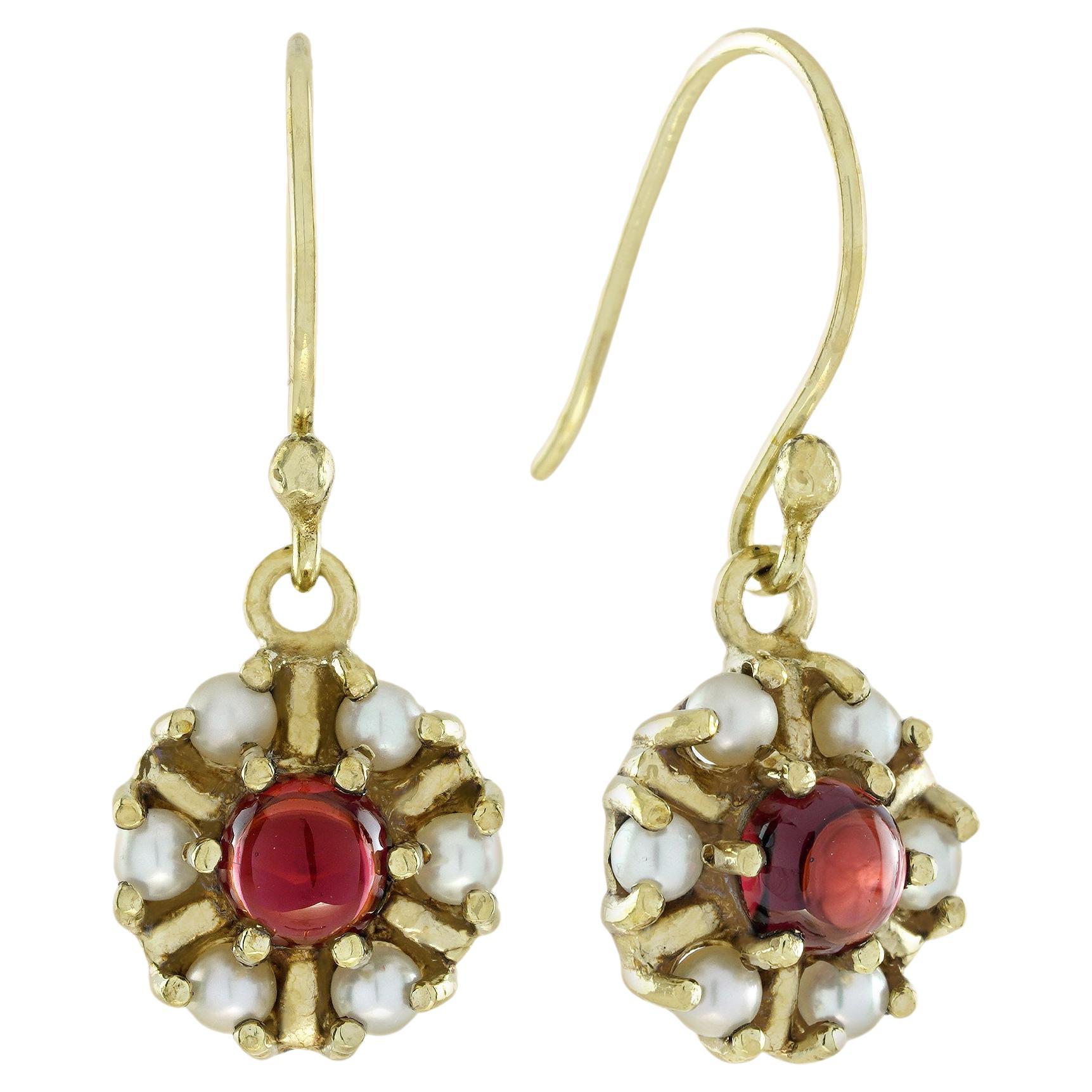 Natural Cabochon Garnet and Pearl Vintage Style Floral Drop Earrings in 9K Gold For Sale