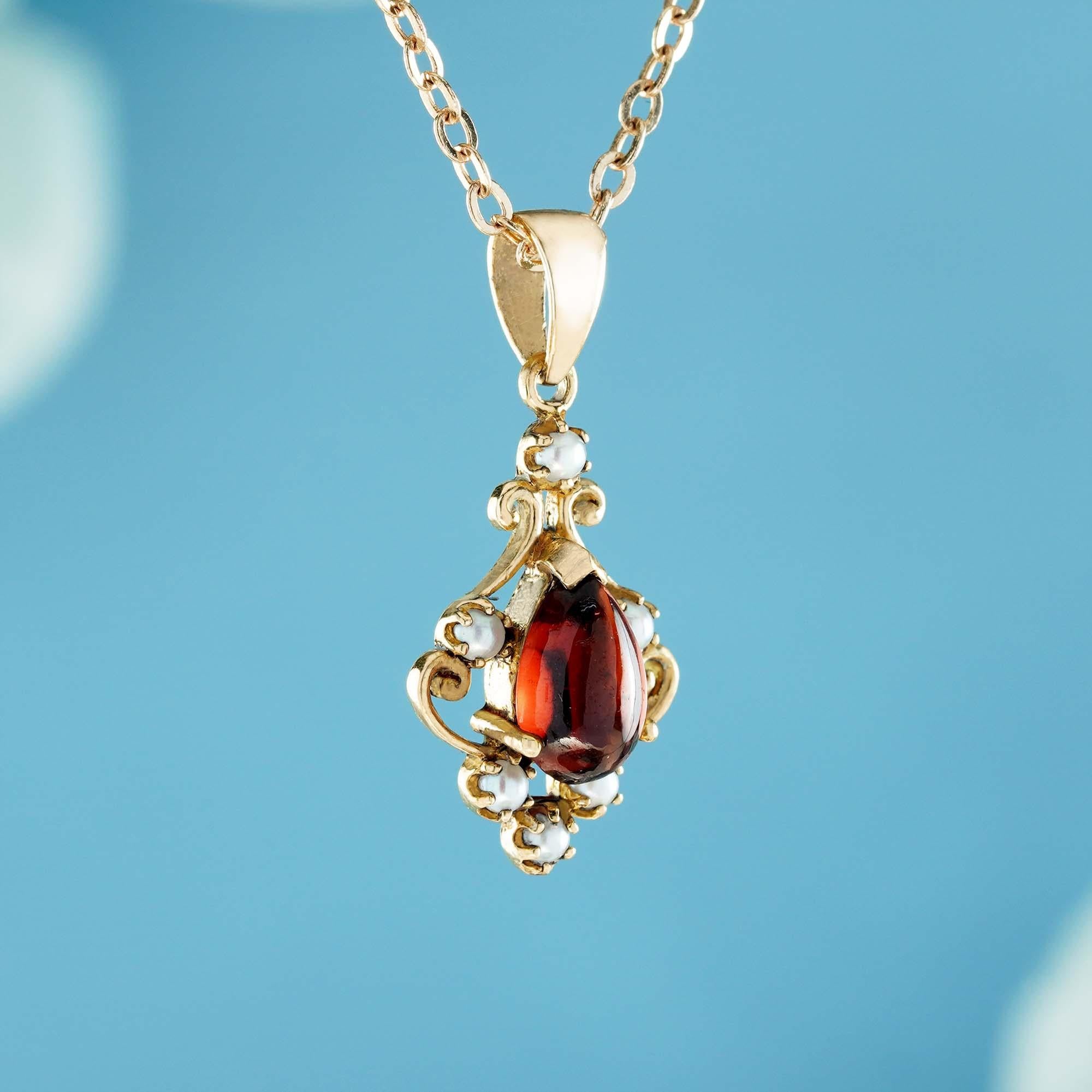 Victorian Natural Cabochon Garnet and Pearl Vintage Style Pendant in solid 9K Yellow Gold For Sale
