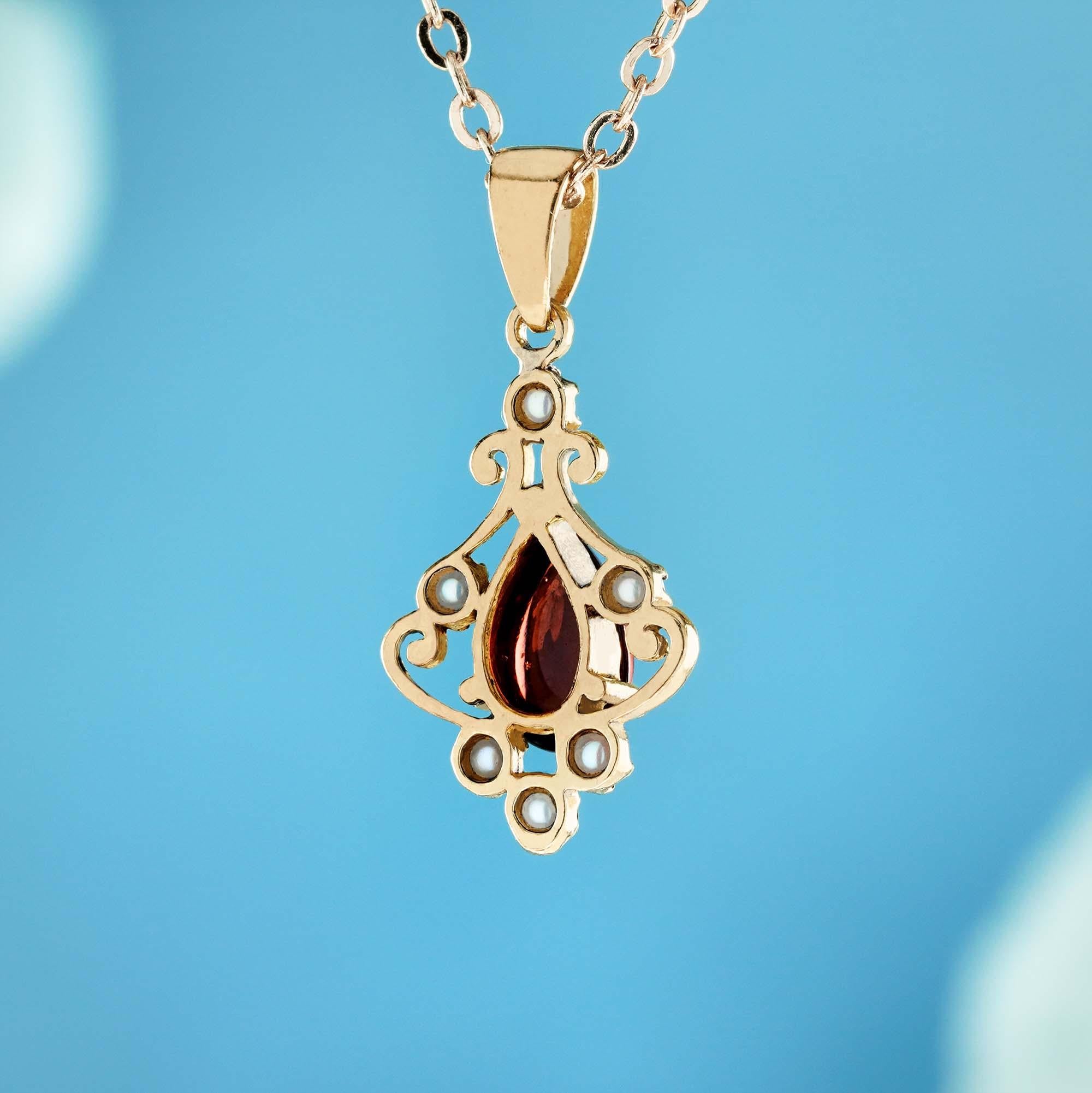 Natural Cabochon Garnet and Pearl Vintage Style Pendant in solid 9K Yellow Gold In New Condition For Sale In Bangkok, TH