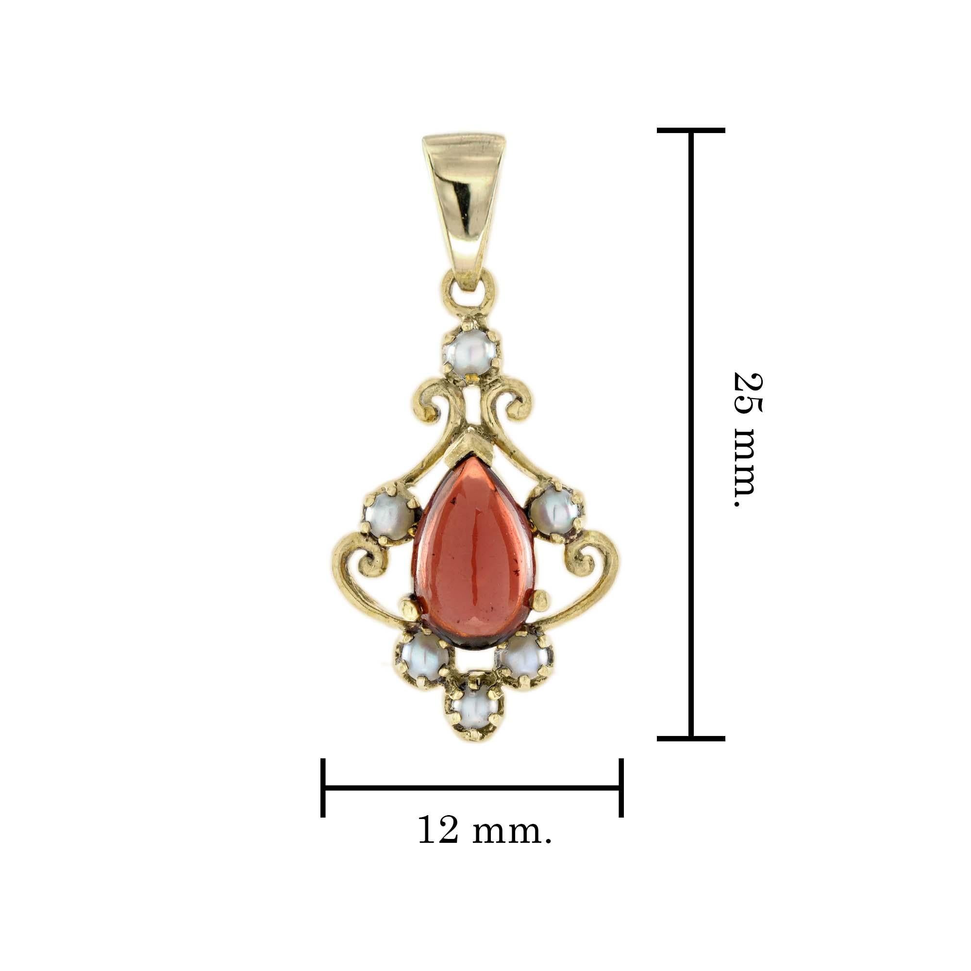Women's Natural Cabochon Garnet and Pearl Vintage Style Pendant in solid 9K Yellow Gold For Sale