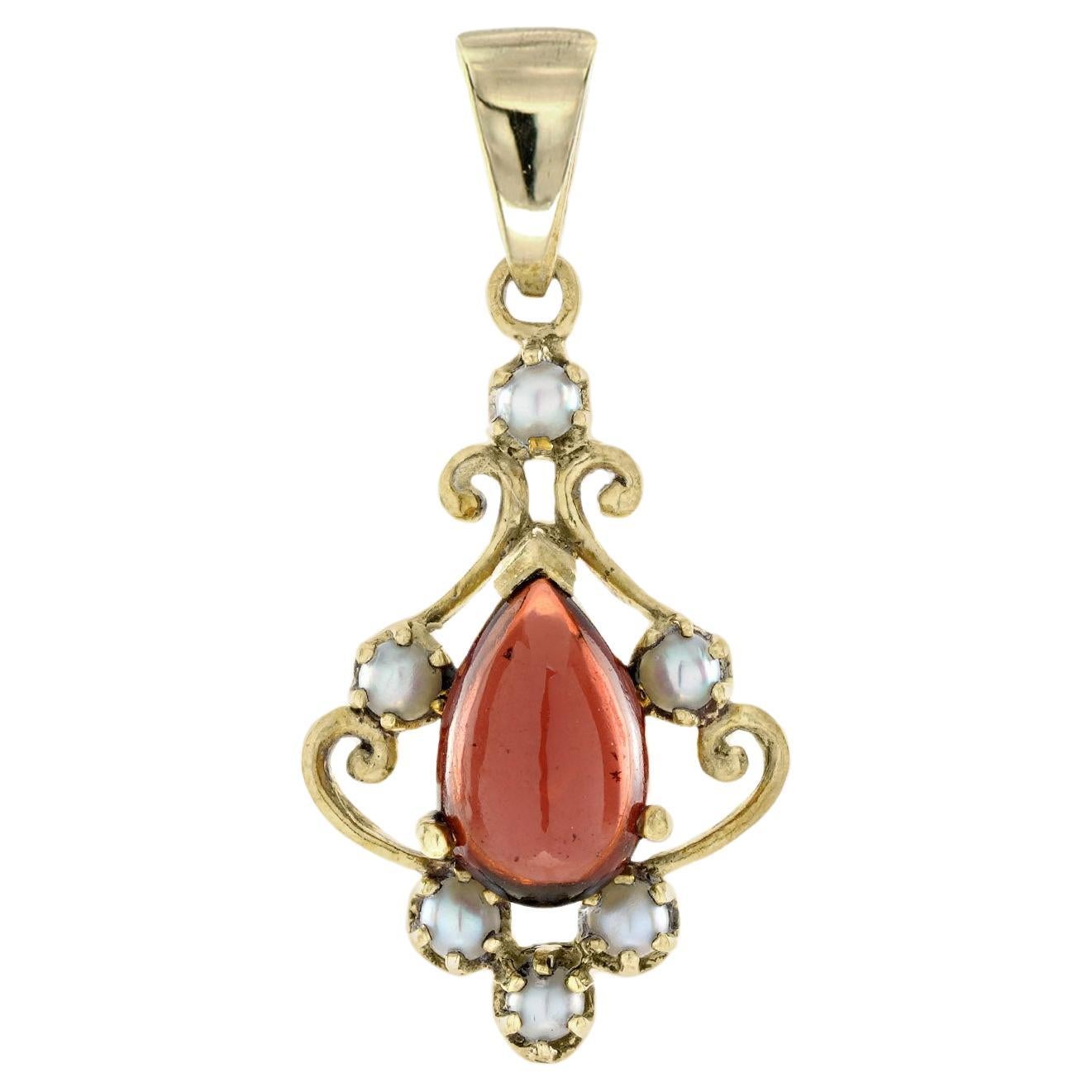 Natural Cabochon Garnet and Pearl Vintage Style Pendant in solid 9K Yellow Gold For Sale