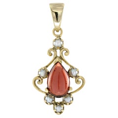 Natural Cabochon Garnet and Pearl Vintage Style Pendant in solid 9K Yellow Gold