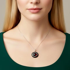Natural Cabochon Garnet Black Onyx Pendant in 14KT Gold with Diamond Halo